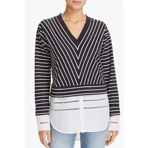 French Connection Womens S Black White Stripe V-Neck Sweater Shirt Casual NEW